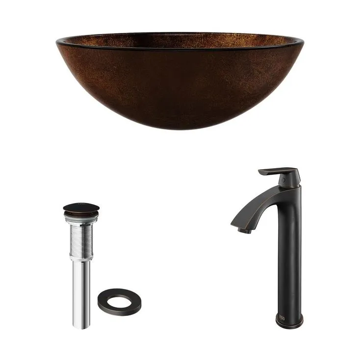 VIGO Glass Vessel Bathroom Sink in Russet and Linus Faucet Set in Antique Rubbed Bronze, photo 7 of 11