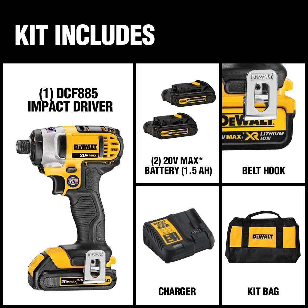 DEWALT 20-Volt MAX Lithium-Ion Cordless 1/4 in. Impact Driver with (2) Batteries 1.5Ah, Charger and Tool Bag, photo 2 of 15