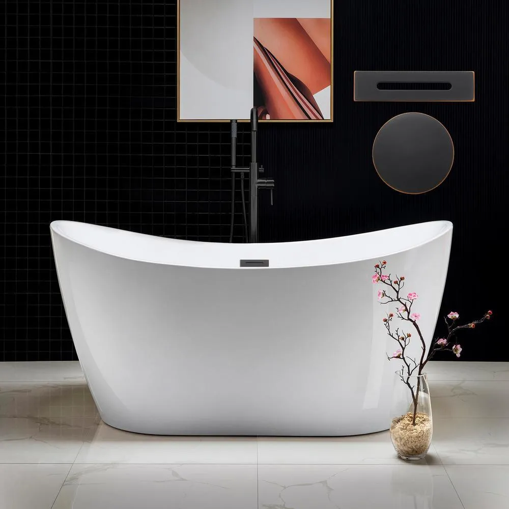 59 in. Acrylic Freestanding Double Slipper Flatbottom Soaking Bathtub with Drain and Overflow Included in White, photo 7 of 9