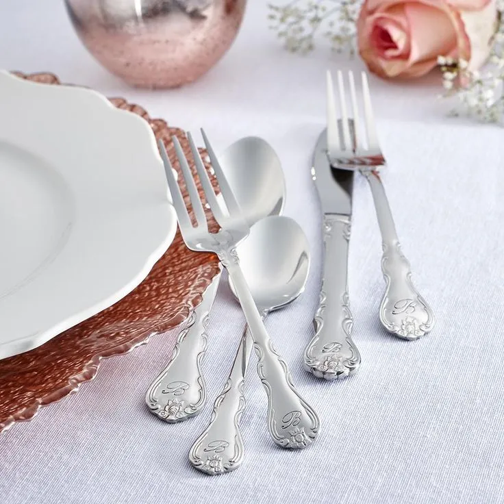 Bouquet Monogrammed Letter S 46-Piece Silver Stainless Steel Flatware Set (Service for 8), photo 3 of 14