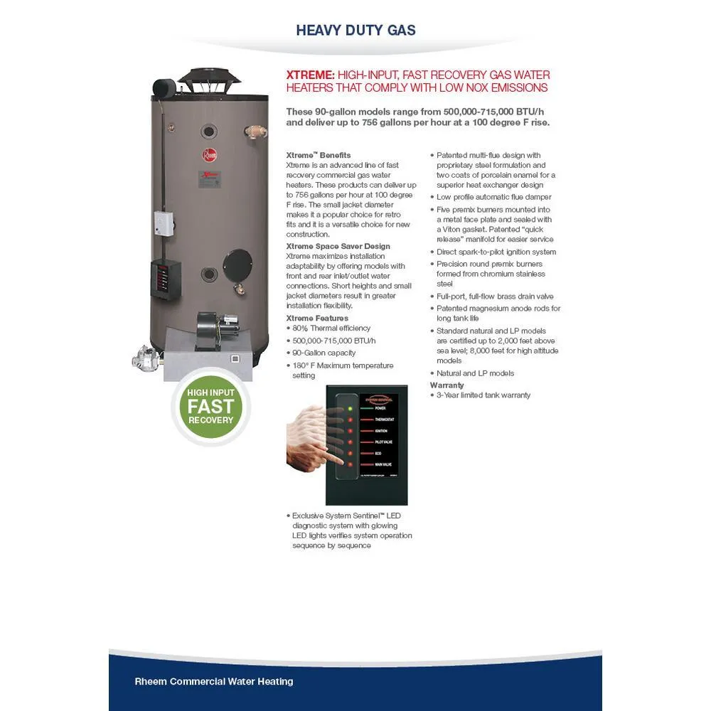 Xtreme Heavy Duty 90 Gal. 640K BTU Commercial Natural Gas ASME Mass Code Tank Water Heater, photo 3 of 5