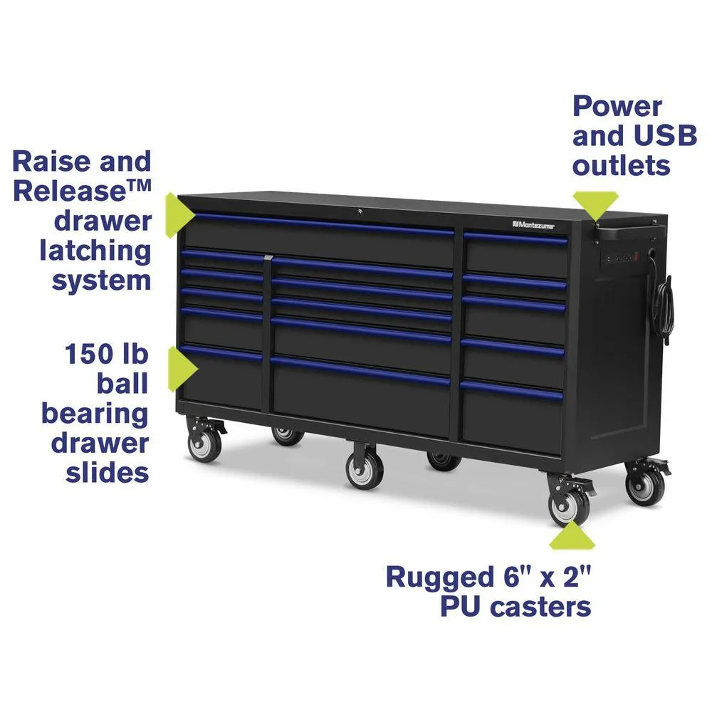 Montezuma 72 in. x 24 in. 16-Drawer Roller Cabinet Tool Chest with Power and USB Outlets in Black and Blue, photo 2 of 11