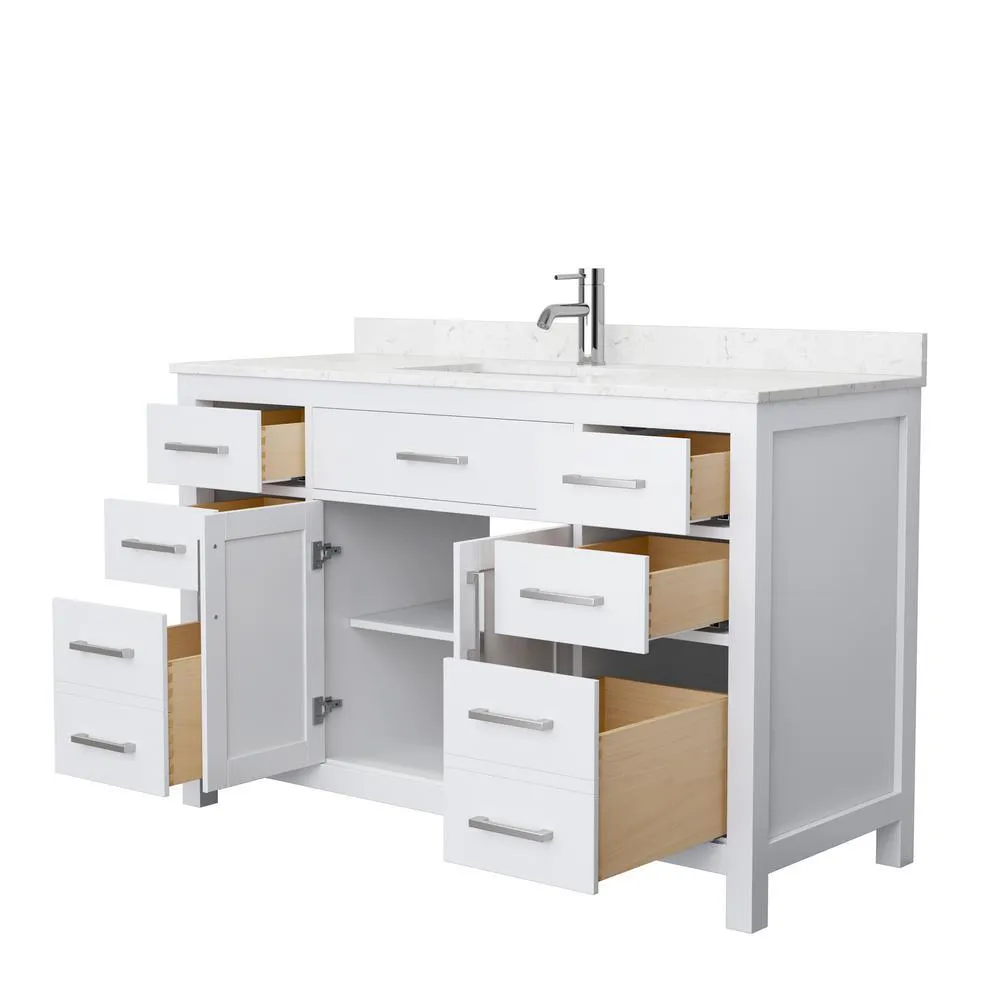 Beckett 54 in. W x 22 in. D Single Vanity in White with Cultured Marble Vanity Top in Carrara with White Basin, photo 2 of 54