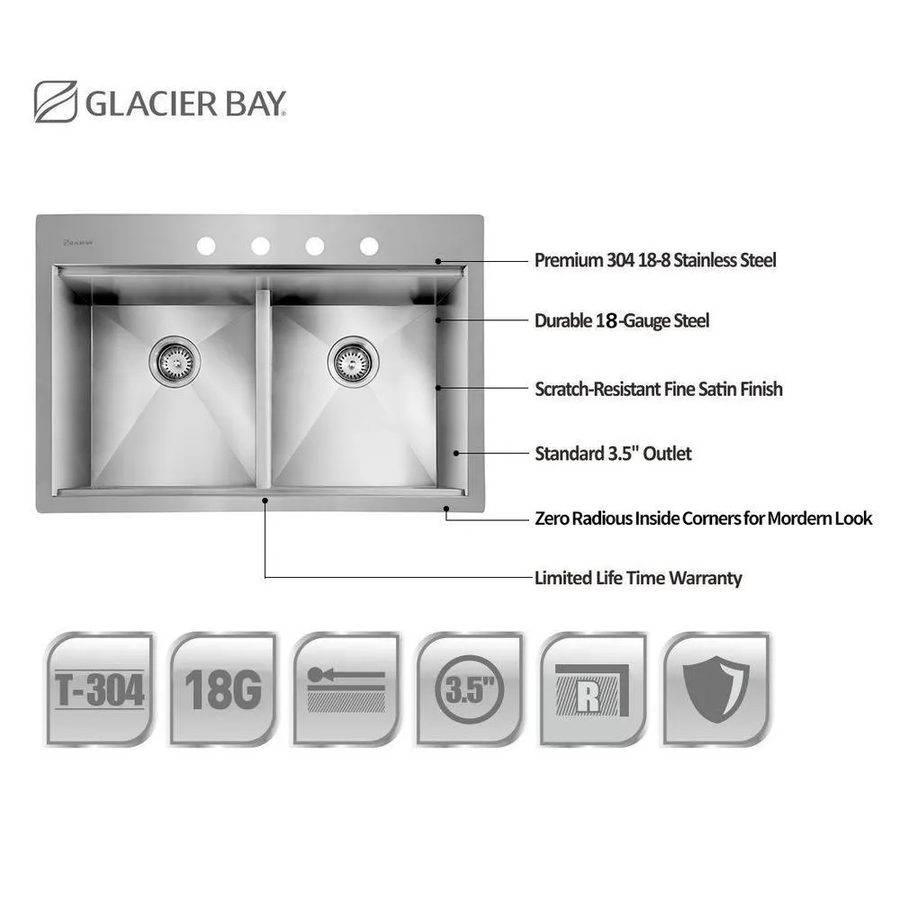 All-in-One Drop-In Stainless Steel 33 in. 4-Hole 50/50 Double Bowl Workstation Sink with Faucet and Accessories Kit, photo 7 of 10