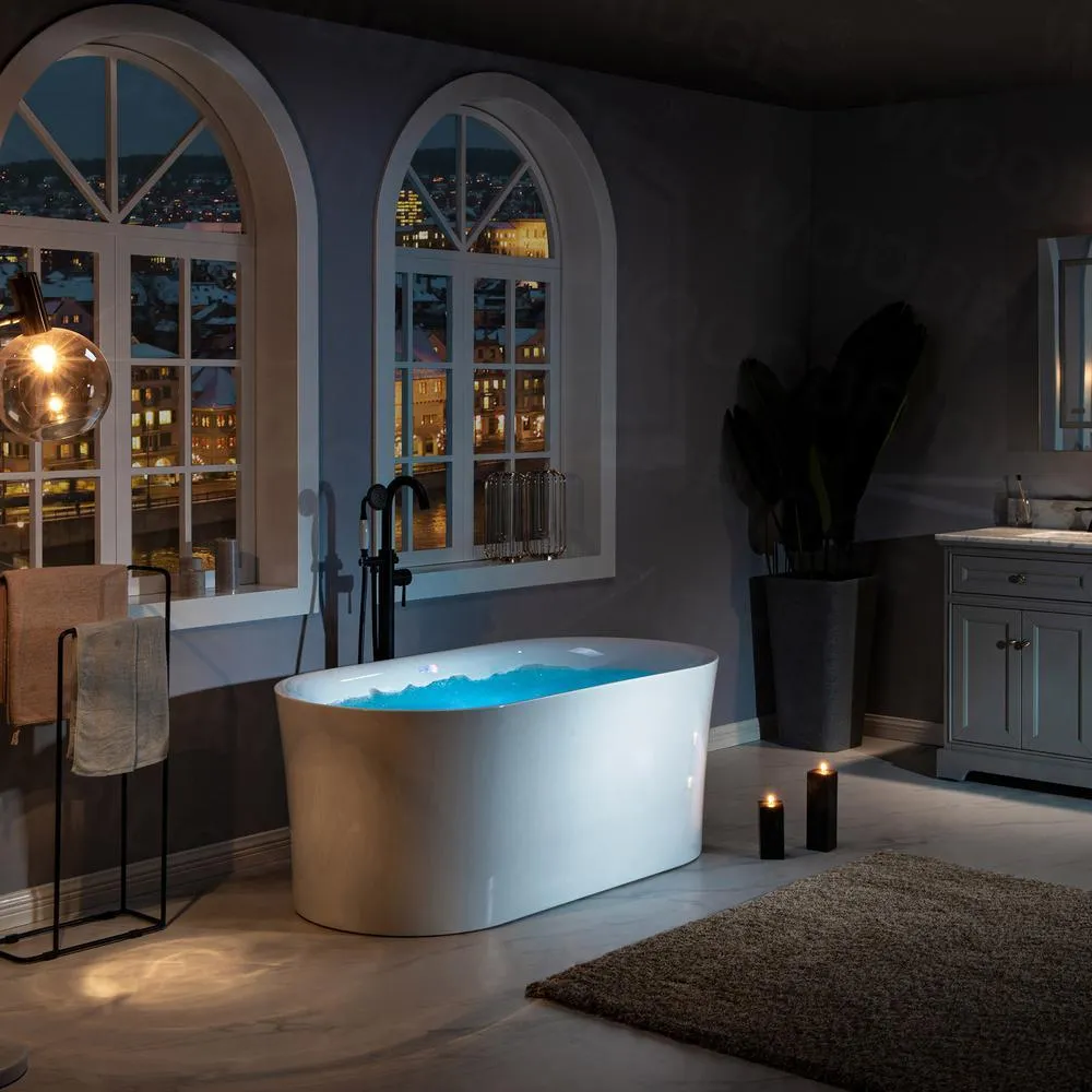 WOODBRIDGE Tion 59 in. Acrylic Freestanding Double-Ended Air Bath Bathtub with Chrome Drain and Overflow, White, photo 2 of 18