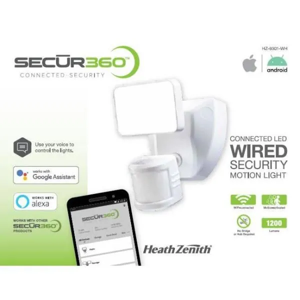 SECUR360 Wi-Fi Connected White Wired Single Head Voice Activated Motion Activated Outdoor LED Security Flood Light 1200 Lumens, photo 6 of 6