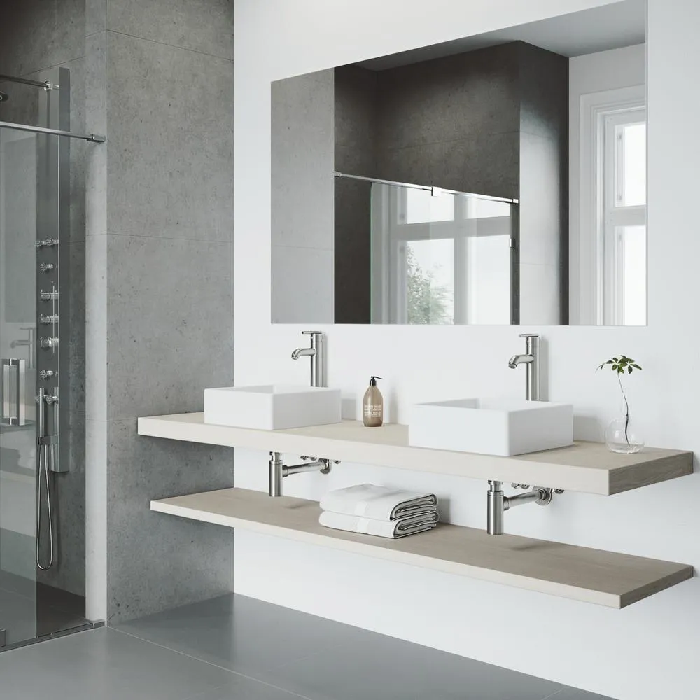 VIGO Dianthus White Matte Stone Vessel Bathroom Sink and Seville Bathroom Vessel Faucet in Brushed Nickel, photo 2 of 15