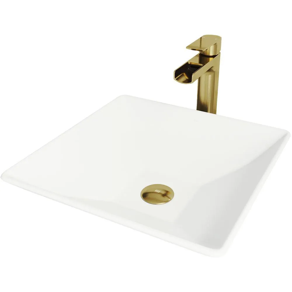 VIGO Hibiscus Matte Stone Vessel Bathroom Sink in White with Amada Faucet in Matte Gold, photo 2 of 4