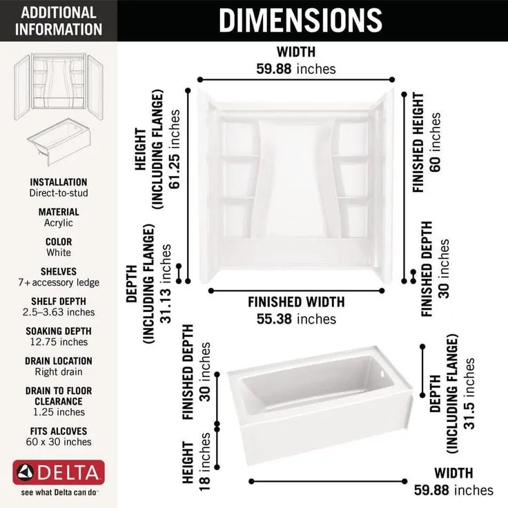 Delta Classic 500 60 in. x 30 in. Alcove Right Drain Bathtub and Wall Surrounds in High Gloss White, photo 4 of 7