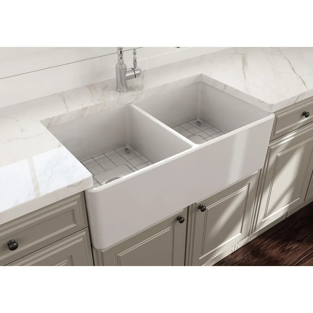 Classico Farmhouse Apron Front Fireclay 33 in. Double Bowl Kitchen Sink with Bottom Grid and Strainer in White, photo 2 of 15