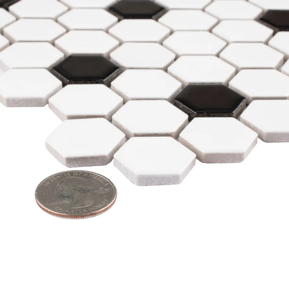 Merola Tile Madison Hex Matte 11-7/8 in. x 10-1/4 in. x 6mm Cool White with Black Dot Porcelain Mosaic Tile, photo 2 of 8