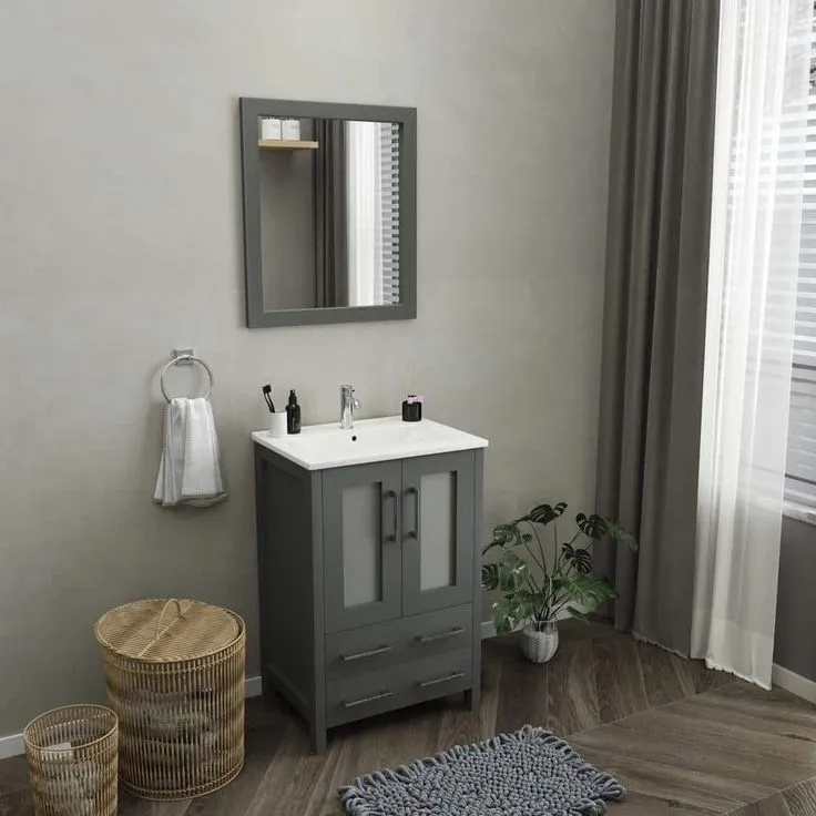 Vanity Art Brescia 24 in. W x 18 in. D x 36 in. H Bath Vanity in Grey with Vanity Top in White with White Basin and Mirror, photo 6 of 12