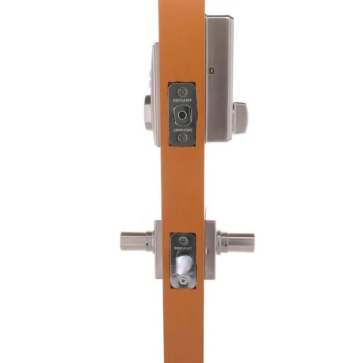 Defiant Square Satin Nickel Electronic Keypad Single Cylinder Deadbolt with Tonbridge Hall and Closet Door Lever Combo Pack, photo 3 of 9