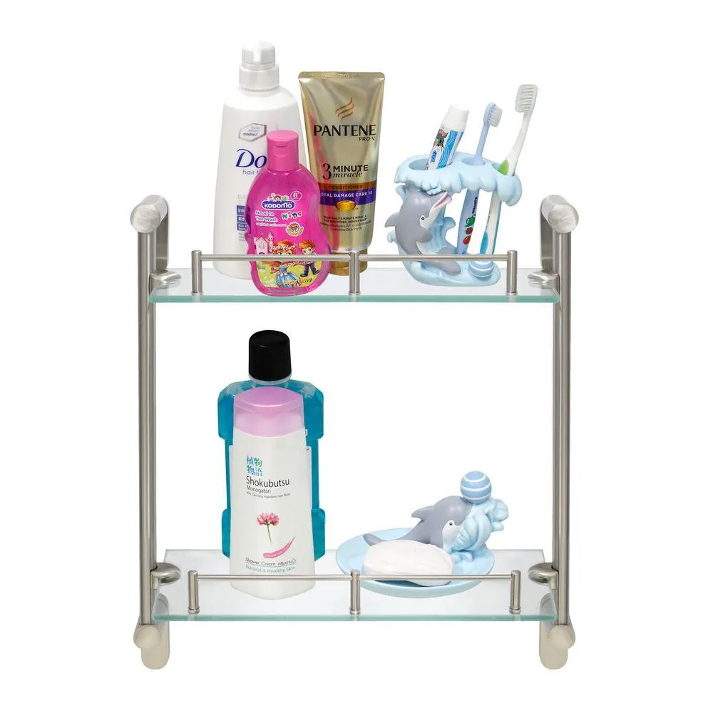 MODONA Oval 14.75 in. W Double Glass Wall Shelf with Pre-Installed Rails in Satin Nickel, photo 2 of 8