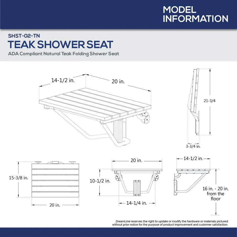 DreamLine 15-3/8 in. x 20 in. Natural Teak Wood Folding Shower Seat, Chrome Hardware, photo 2 of 2