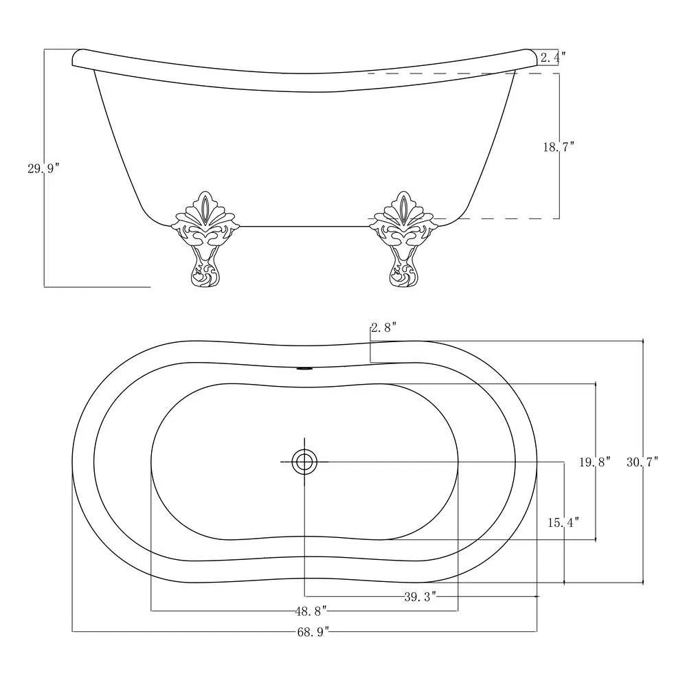69 in. Fiberglass Double Slipper Clawfoot Non-Whirlpool Bathtub in Matte Antique Brass, photo 9 of 9