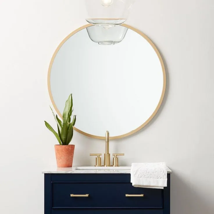 Better Bevel 30 in. x 30 in. Rubber Framed Round Bathroom Vanity Mirror in Matte Gold, photo 2 of 11