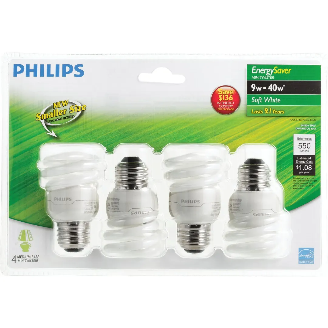 Philips 40-Watt Equivalent CFL MiniTwister Light Bulb, Soft/Bright White 3500K, Medium Base (4-Pack), photo 2 of 3