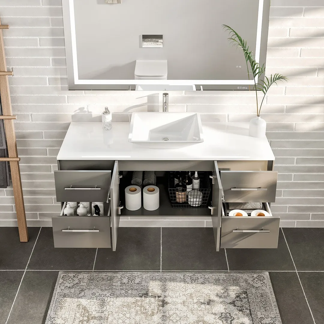 Eviva Totti Wave 48 in. W x 21 in. D x 22 in. H Bathroom Vanity in Gray with White Glassos Top and White Sink, photo 4 of 7