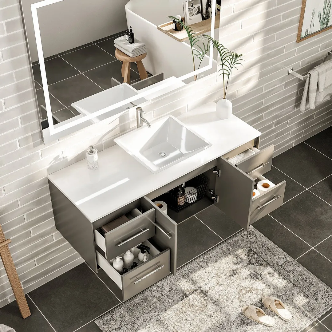 Eviva Totti Wave 48 in. W x 21 in. D x 22 in. H Bathroom Vanity in Gray with White Glassos Top and White Sink, photo 5 of 7