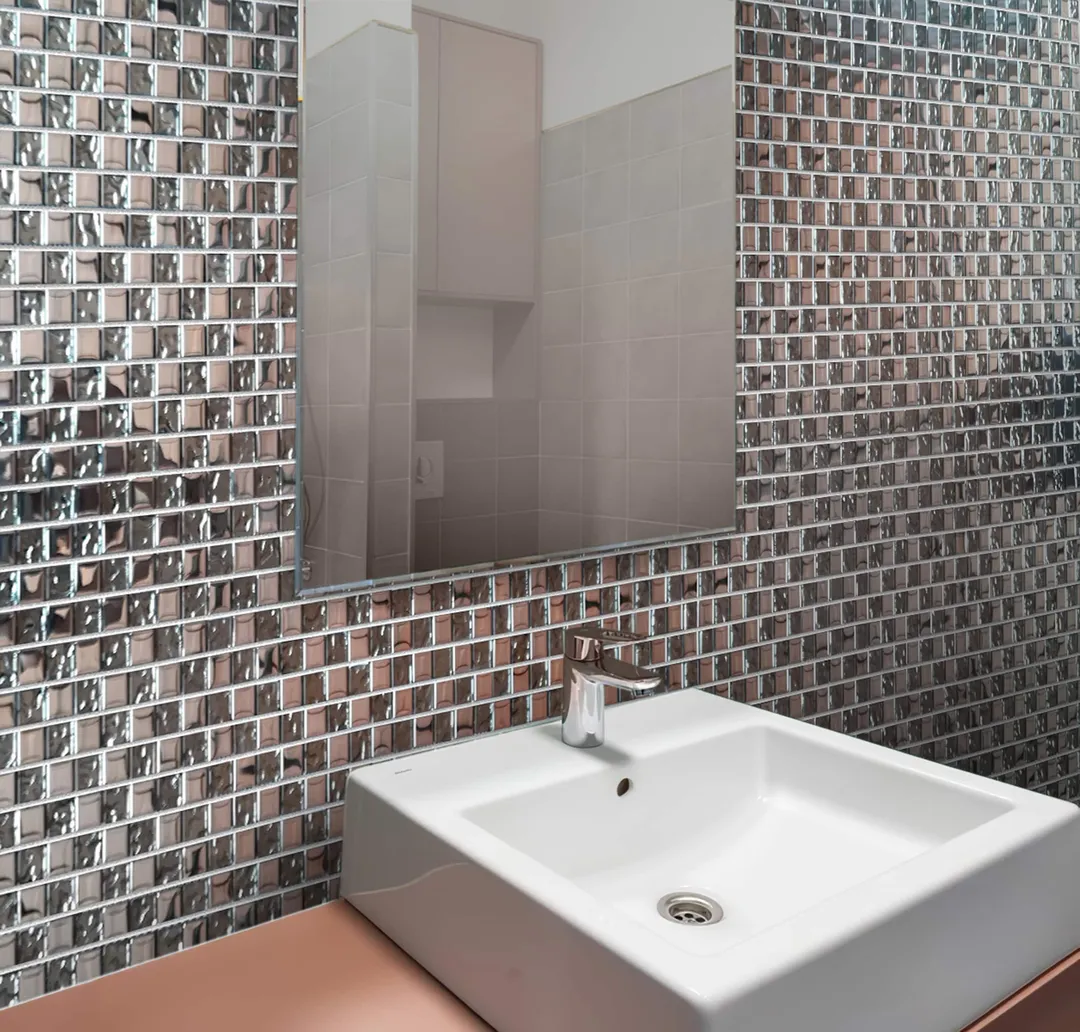 Apollo Tile (Sample) Elaina Steel Gray and Silver 4-in x 4-in Glossy Glass Uniform Squares Floor and Wall Tile, photo 3 of 8