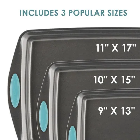 3-Piece Gray Nonstick Bakeware Cookie Pan Set with Agave Blue Silicone Grips