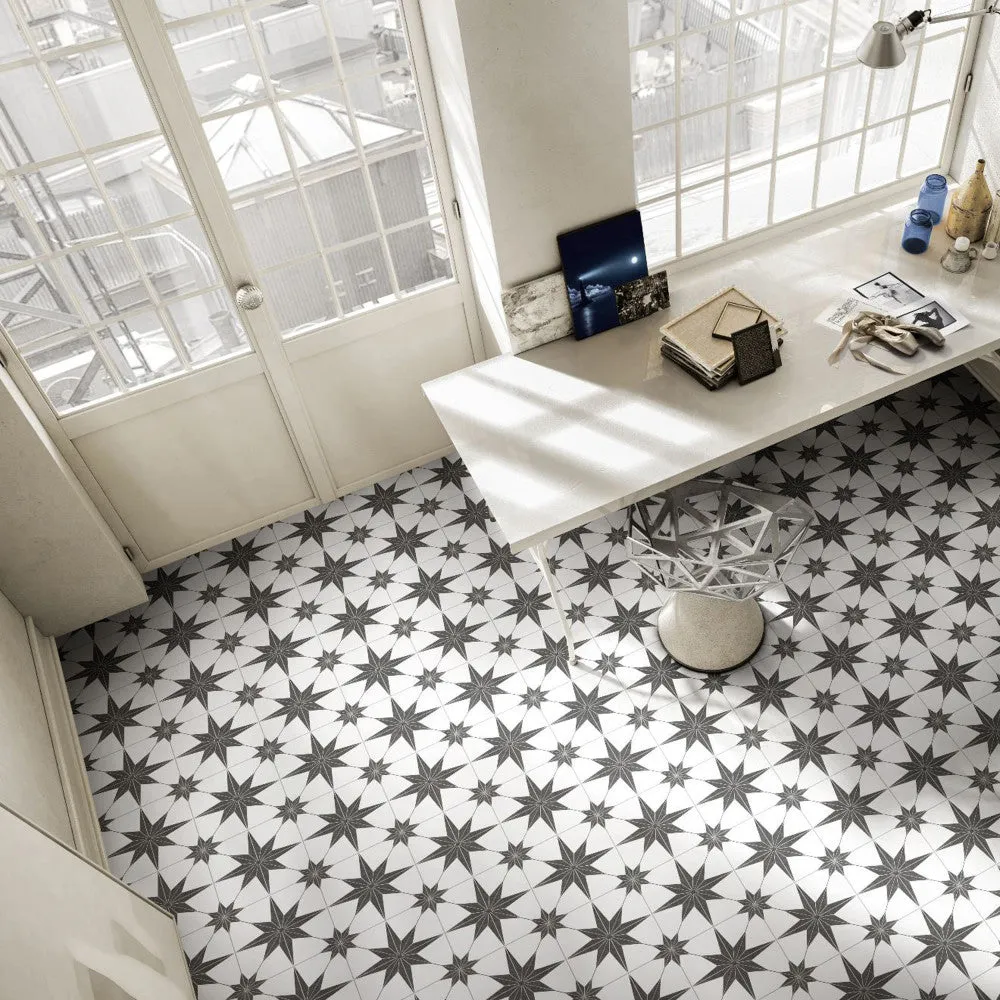 Merola Tile Stella Nero Encaustic 9-3/4 in. x 9-3/4 in. Porcelain Floor and Wall Tile, photo 2 of 8
