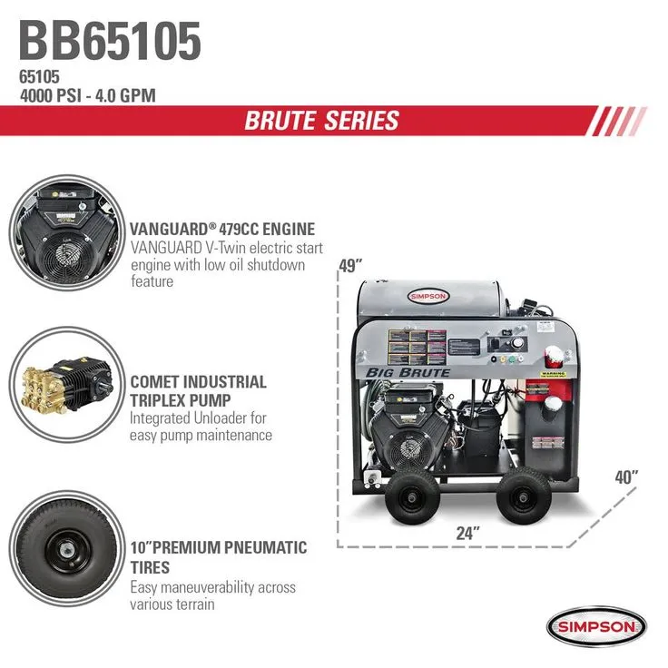 Simpson Big Brute 4000 PSI at 4.0 GPM Hot Water VANGUARD V-Twin Gas Pressure Washer with COMET Triplex Plunger Pump, photo 2 of 5