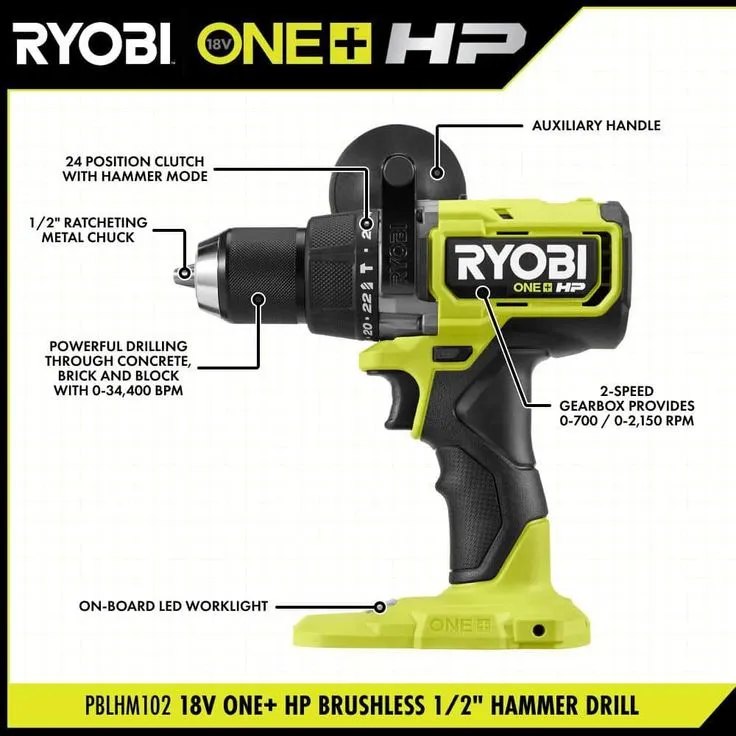 RYOBI 18-Volt ONE+ Lithium-Ion Cordless Brushless 1/2 in. Hammer Drill/Driver Kit with 4.0Ah LITHIUM+ Battery, Charger and Bag, photo 2 of 8