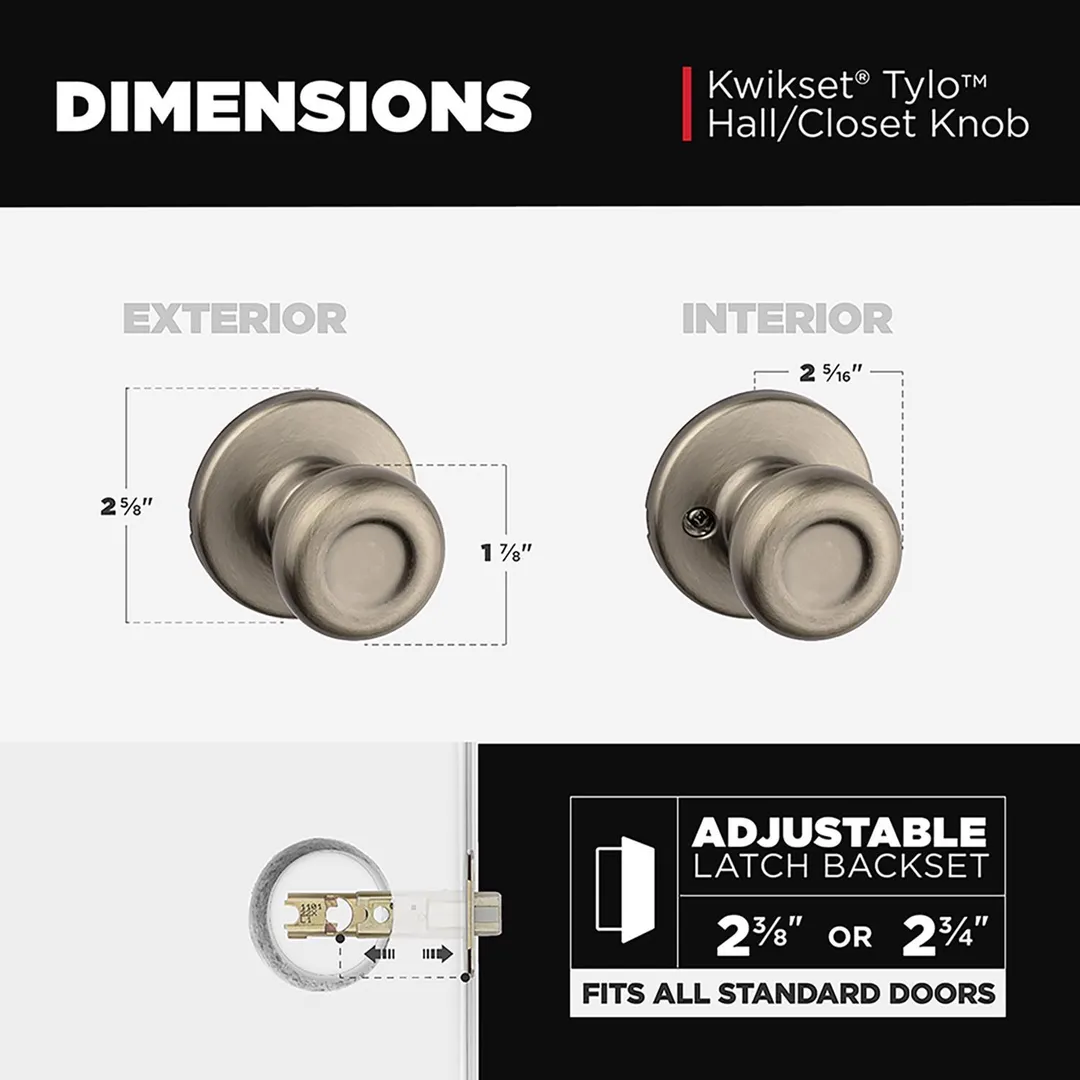 Kwikset Tylo Passage Door Knob, Antique Brass, ANSI/BHMA Grade 3, Fits 1-3/8–1-3/4 in Doors, photo 7 of 8
