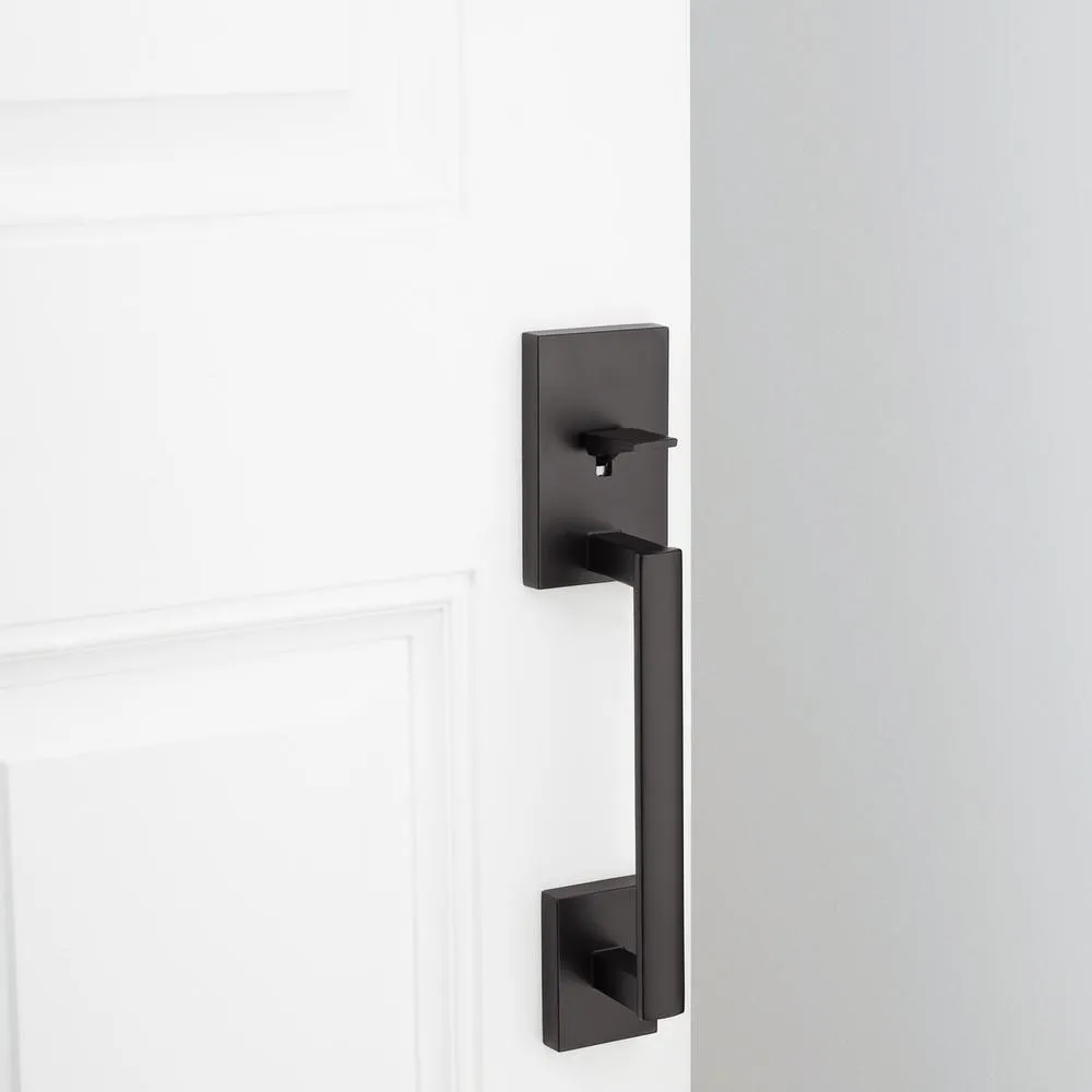 San Clemente Matte Black Door Handleset with Halifax Square Door Lever with Microban Antimicrobial Technology, photo 3 of 4