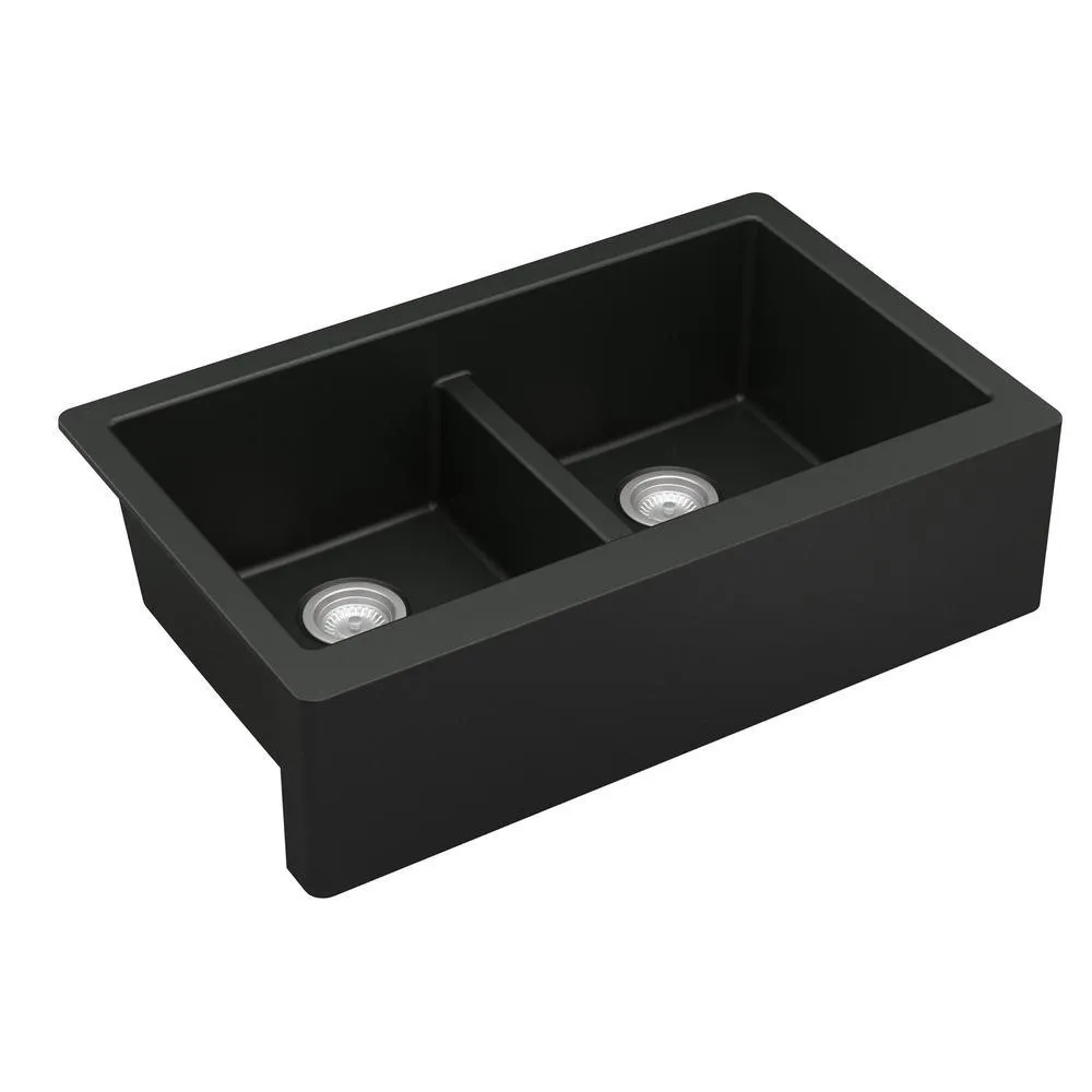 Farmhouse Apron Front Quartz Composite 34 in. Double Bowl Kitchen Sink in Black, photo 3 of 20