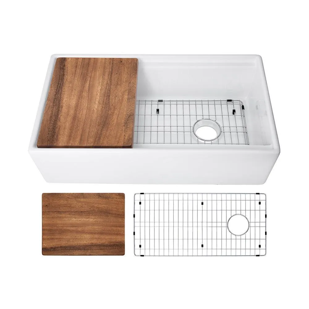 Fireclay 33 in. Single Bowl Farmhouse Apron Front Reversible Kitchen Sink in White with Cutting Board and Grid, photo 12 of 16