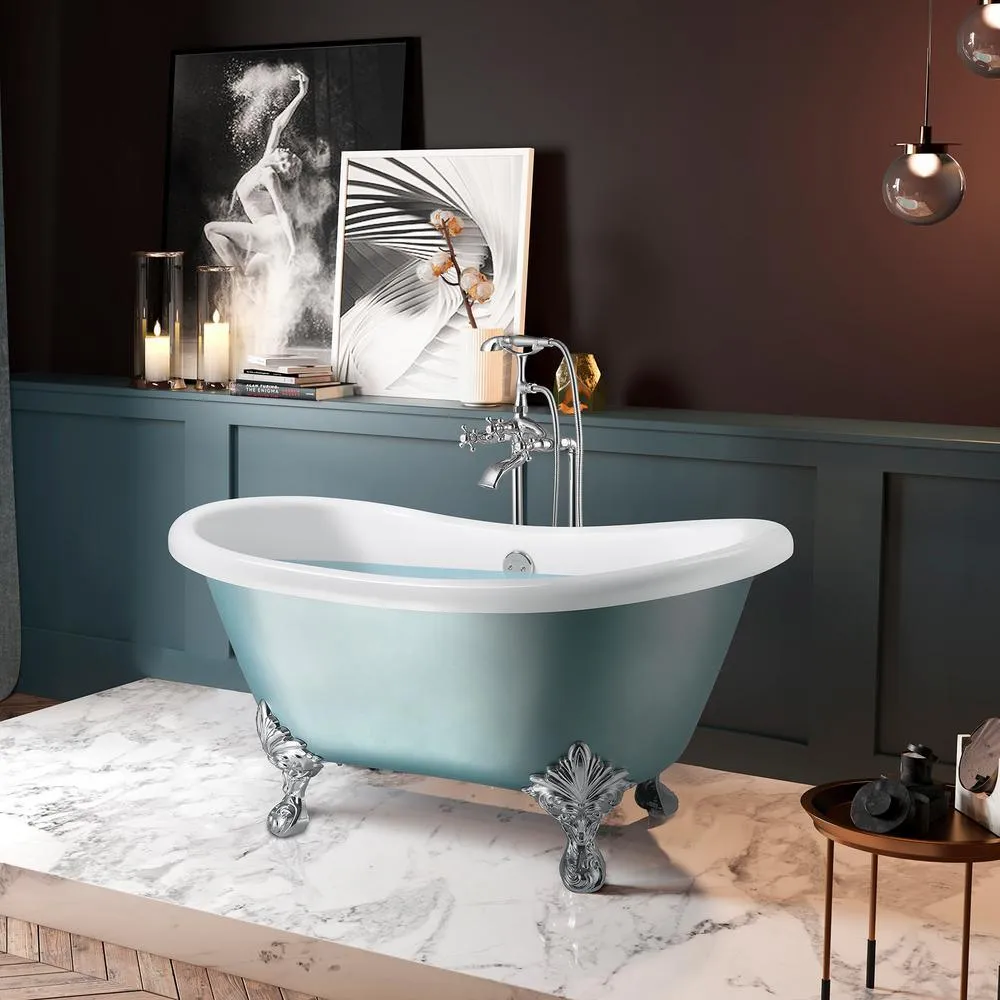 59 in. Fiberglass Double Slipper Clawfoot Non-Whirlpool Bathtub in Matte Lichen Green, photo 2 of 11