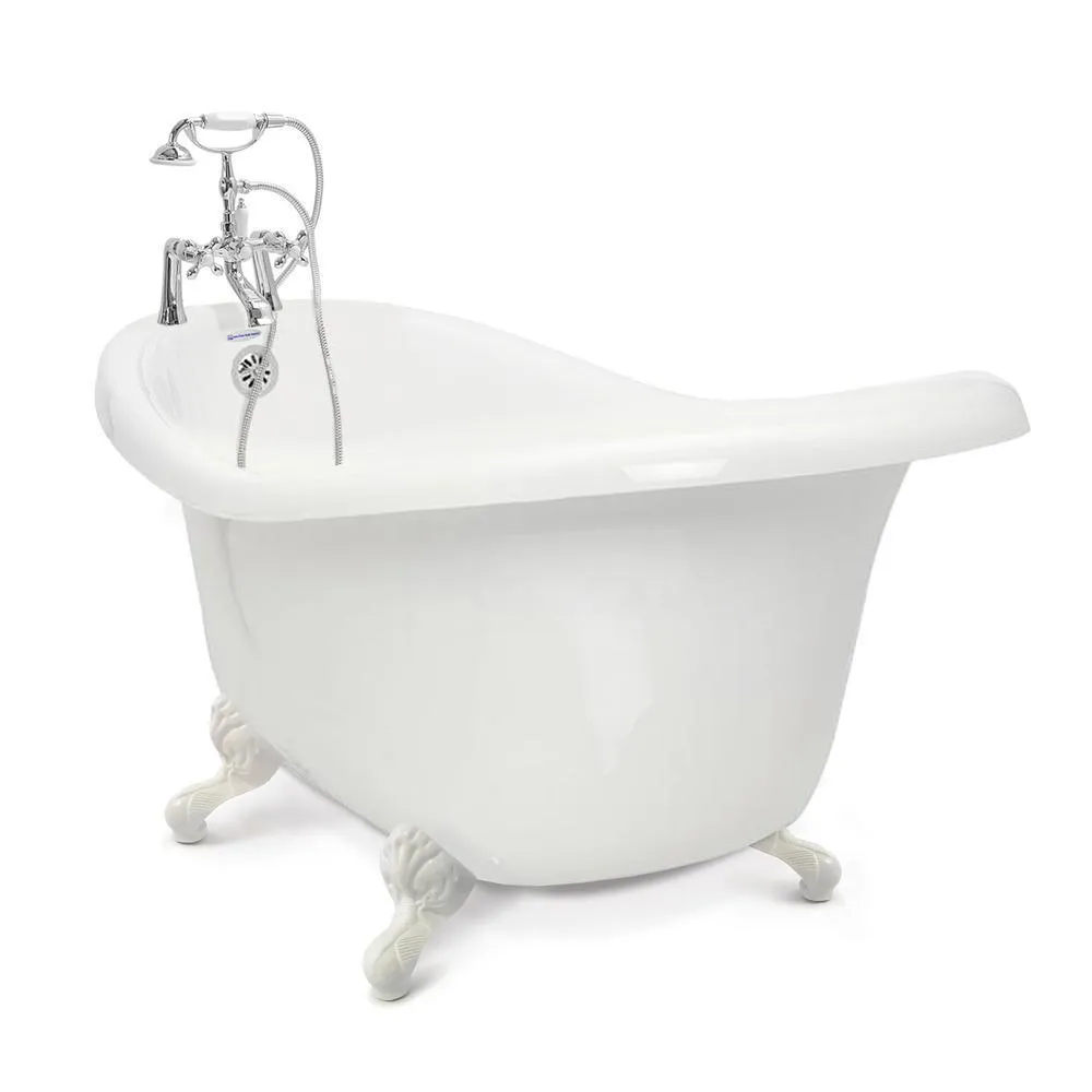American Bath Factory Chelsea 60 in. Acrylic Slipper Clawfoot Bathtub Package in White with Old Bronze Imperial Feet and Deck Mount Faucet, photo 9 of 10