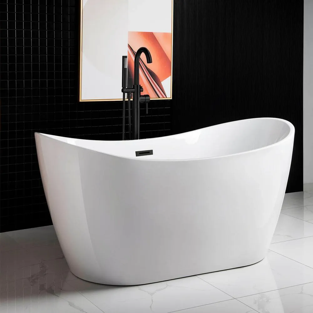 WOODBRIDGE Carver 59 in. Acrylic Freestanding Double Slipper Soaking Bathtub with Chrome Drain & Overflow, White, photo 4 of 11