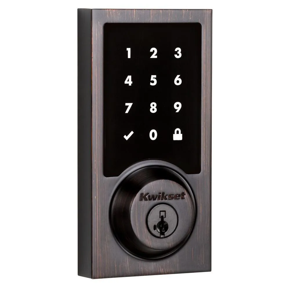 Kwikset SmartCode 915 Contemporary Venetian Bronze Electronic Deadbolt with San Clemente Handle Set and Halifax Interior Lever, photo 11 of 11
