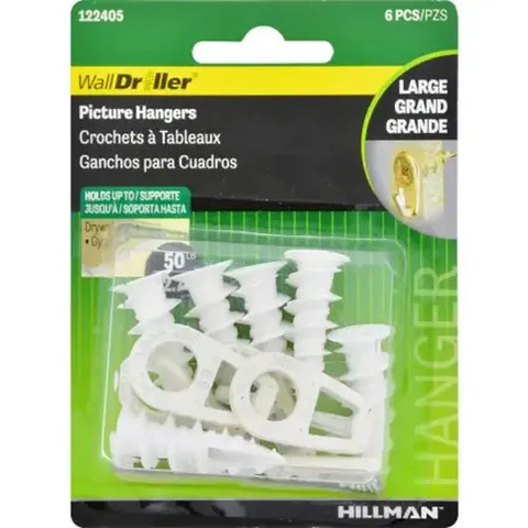 Wall Driller Brass-Plated White Drywall Picture Hook, 50 lb, 6-Pack