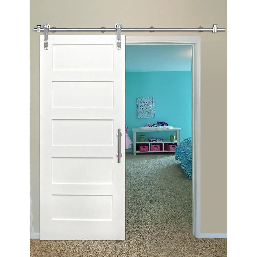 Pacific Entries 36 in. x 80 in. Shaker 5-Panel Primed Pine Interior Sliding Barn Door with Round Stainless Steel Hardware Kit, photo 2 of 2