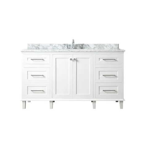 Heathermore 60 in wide · 22 in deep in White with Marble Top in Carrera with White Basins