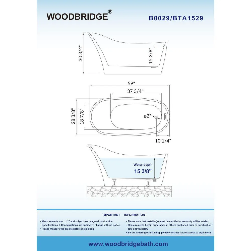 WOODBRIDGE Bradbury 59 in. Acrylic Freestanding Single Slipper Soaking Bathtub with Drain & Overflow Included, White, photo 6 of 16