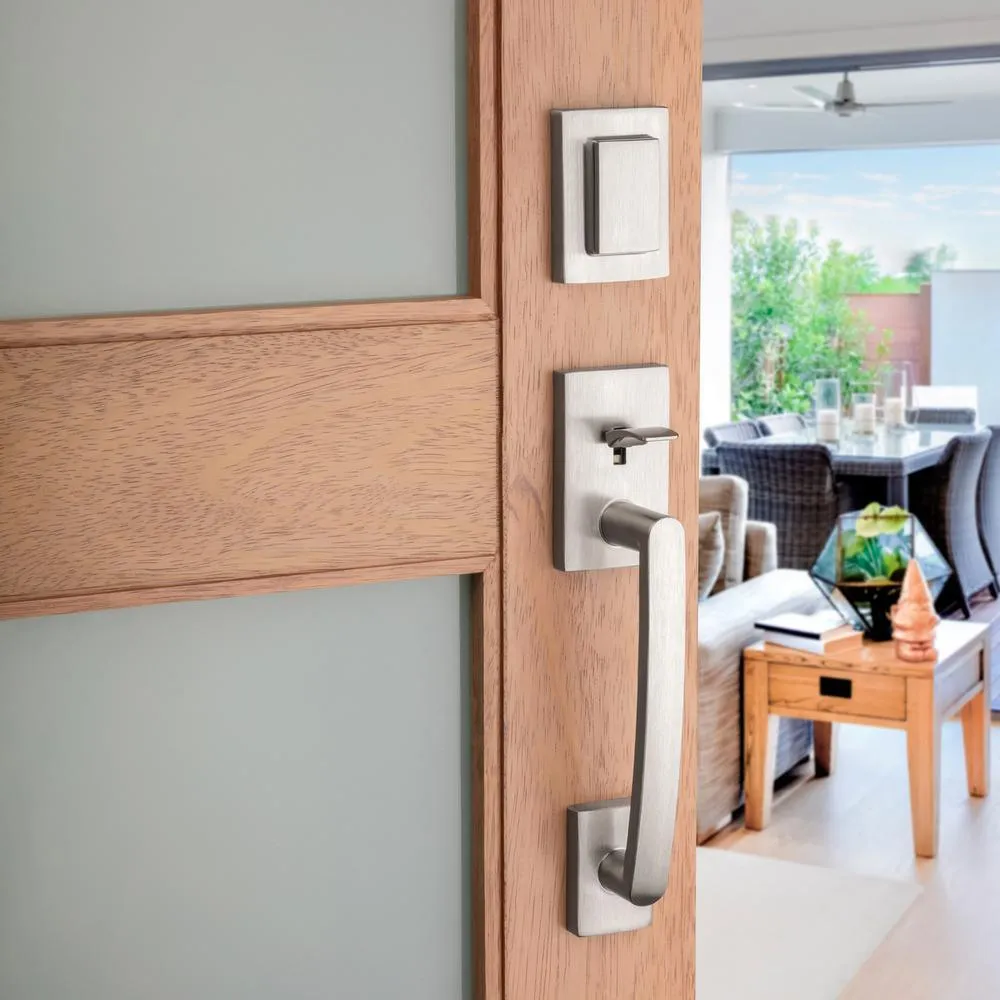 Prestige Spyglass Single Cylinder Satin Nickel Door Handleset with Square Spyglass Door Lever Feat SmartKey Security, photo 13 of 16