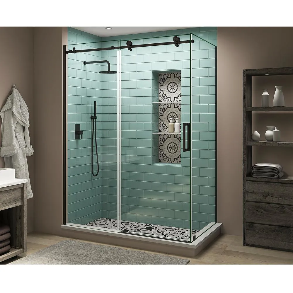60 in. - 64 in. x 34 in. x 80 in. Frameless Corner Sliding Shower Enclosure Clear Glass in Oil Rubbed Bronze Left, photo 10 of 11