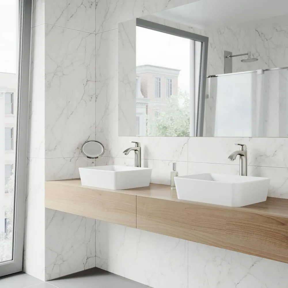 VIGO Marigold White Matte Stone Vessel Bathroom Sink and Linus Bathroom Vessel Faucet in Brushed Nickel, photo 2 of 16