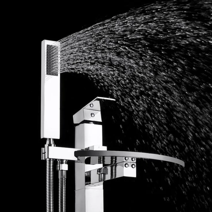 1-Handle Freestanding Floor Mount Roman Tub Faucet Bathtub Filler with Waterfall Style and Hand Shower in Chrome, photo 7 of 10