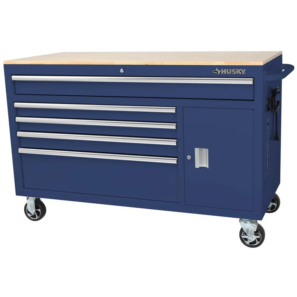 56 in. W x 24.5 in. D 5-Drawer 1-Door Tool Chest Mobile Workbench with Solid Wood Top in Matte Gray, photo 17 of 20