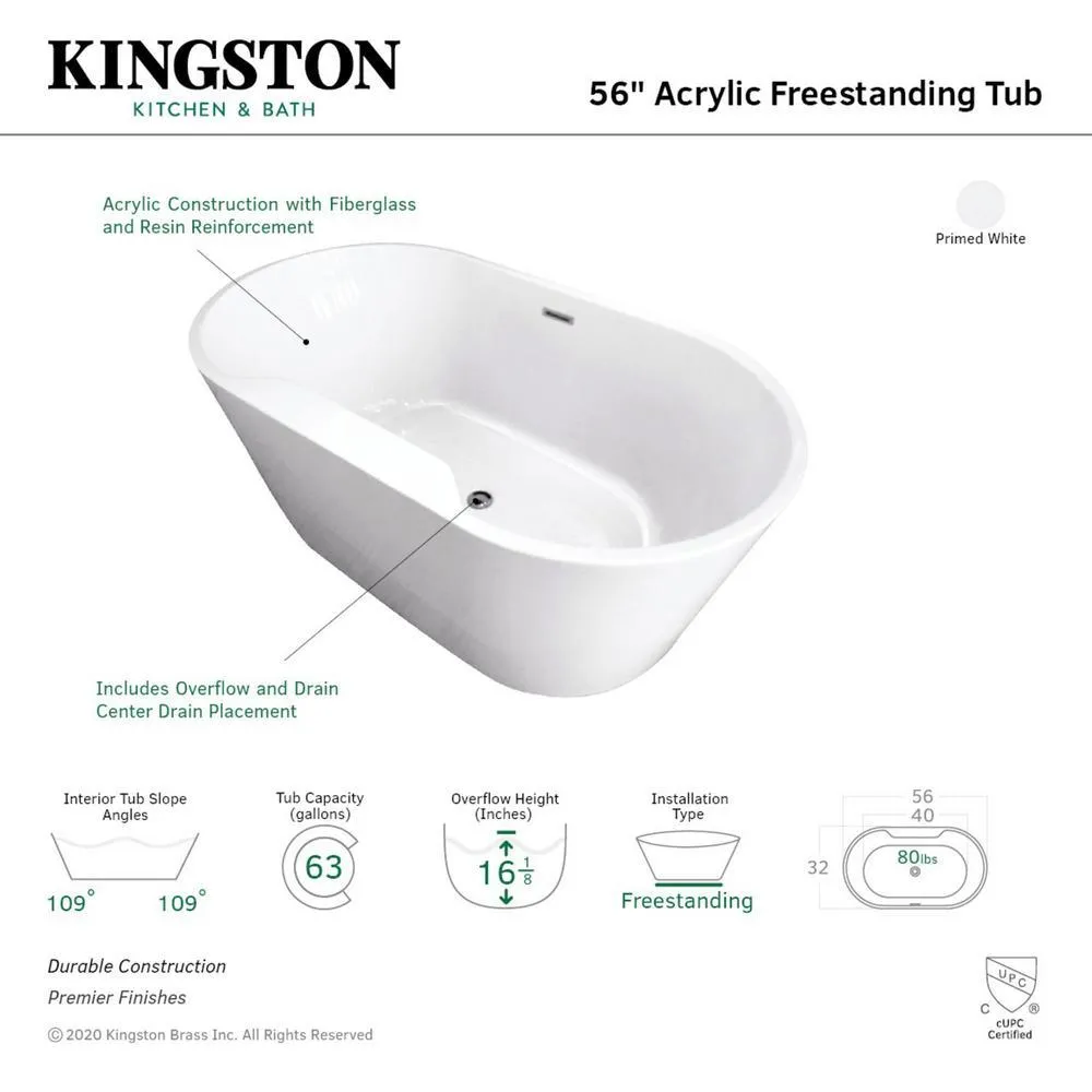 Aqua Eden 56 in. Acrylic Center Drain Oval Flatbottom Freestanding Bathtub in White, photo 2 of 3