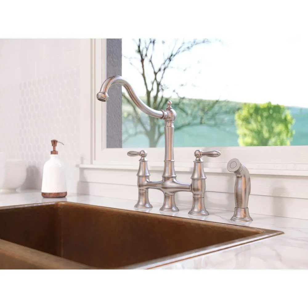 Pfister Courant Two Handle Bridge Kitchen Faucet with Side Spray in Stainless Steel, photo 4 of 11
