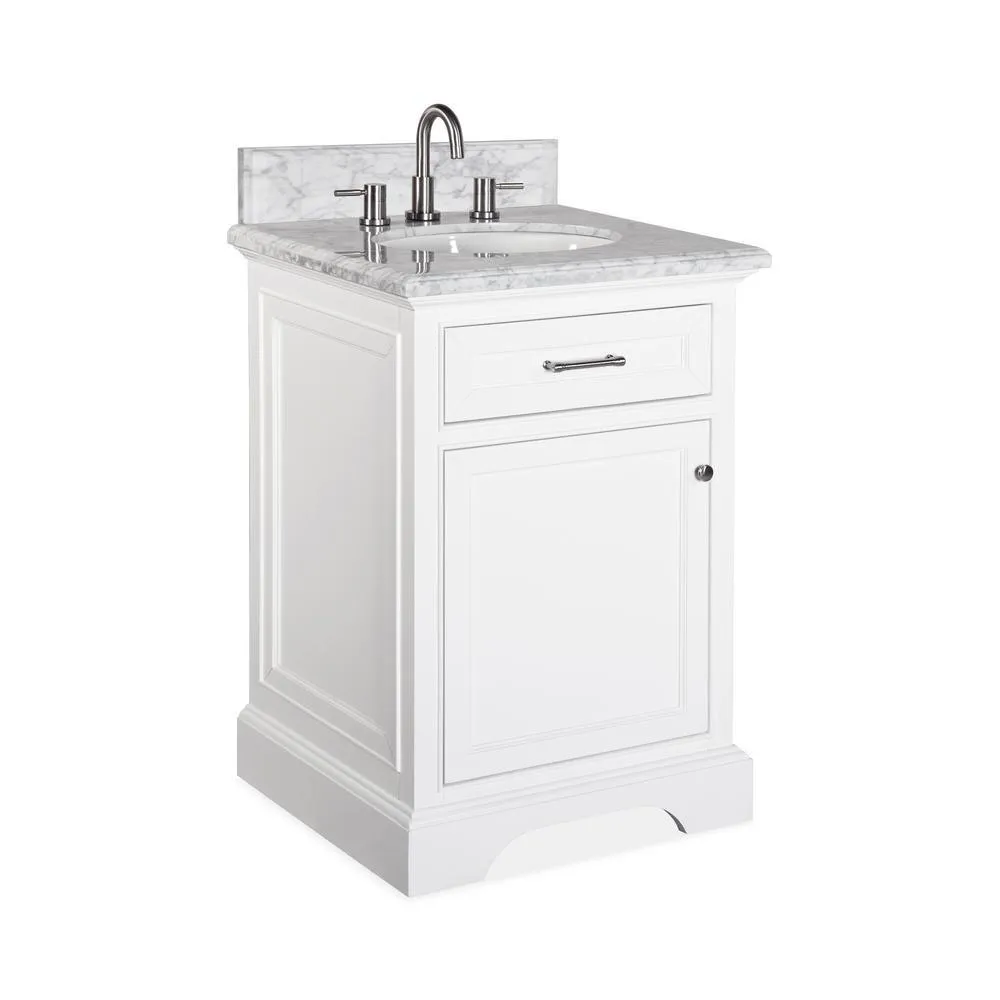 Windlowe 25 in. W x 22 in. D x 35 in. H Bath Vanity in White with Carrera Marble Vanity Top in White with White Sink, photo 2 of 21
