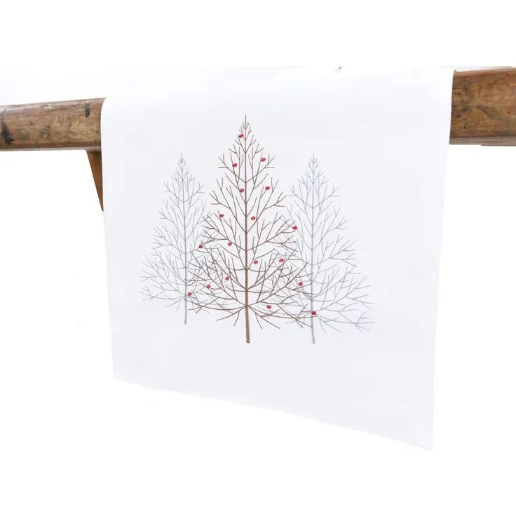 15 in. x 70 in. Festive Trees Embroidered Christmas Table Runner, White, photo 2 of 3